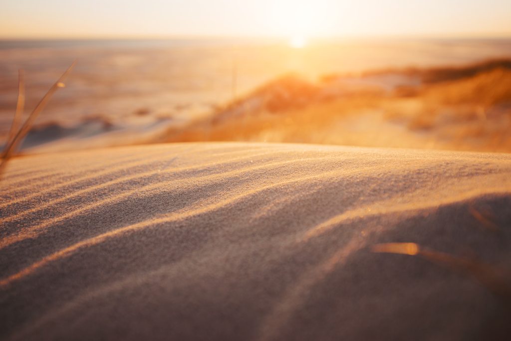 dune landscape with a zoom in the sand and the sunset behind